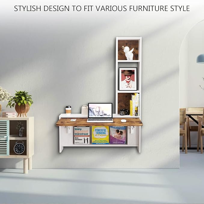 Folding Wall Mounted Drop Leaf Table, Foldable Desk with Moveable Cabinets, Floating Laptop with Convertible Storage Shelves, Multifunctional Computer Workstation in Home for Space Saving