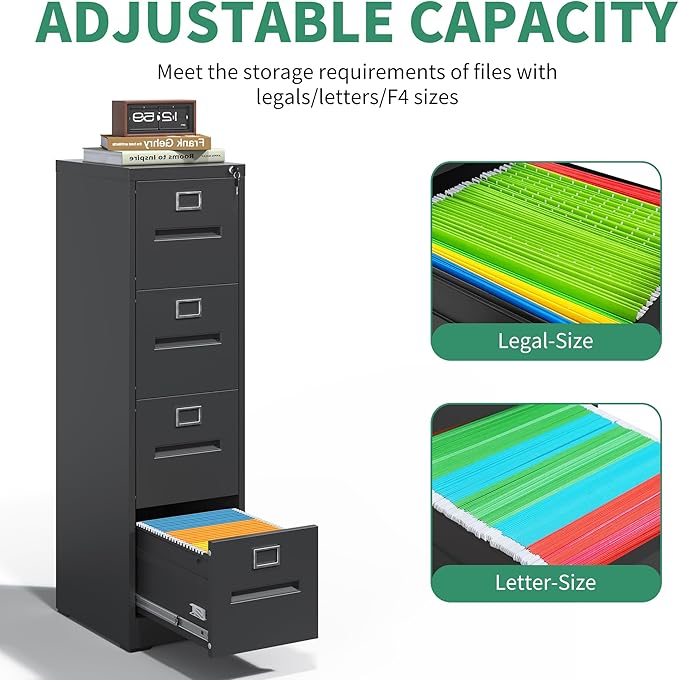 4 Drawer File Cabinet,Metal Filing Cabinets with Lock,Black Vertical File Cabinet for Home Office,Heavy Duty Metal Storage Cabinet for A4/Letter/Legal Size File,Assembly Required