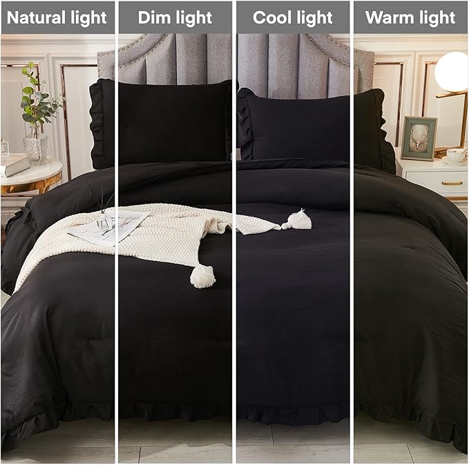 Andency Black Queen Comforter Set, 3 Pieces Farmhouse Shabby Chic Bedding Comforter & Sets for Queen Bed, Soft Lightweight Fluffy All Season Down Alternative Bed Set for Men Women