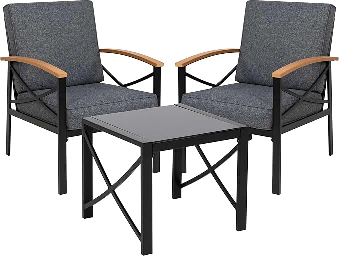 Shintenchi 3 Piece Metal Outdoor Patio Furniture Set, Modern Outdoor Metal Chairs Conversation Furniture Set with Coffee Table for Patio,Backyard,Balcony, Poolside (Dark Grey)