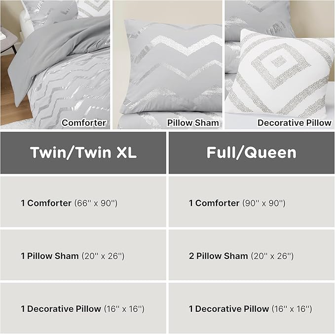 Codi Ziggy Metallic Grey Comforter Set Twin/Twin XL Size, Silver Bedroom Decor for Girls Room, 3 Piece Bedding Sets (2 Matching Sham + 1 Decorative Pillow)