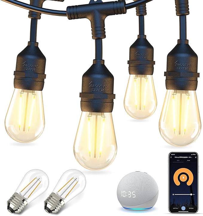 XMCOSY+ Outdoor String Lights, Smart Patio Lights 49Ft, APP WiFi Control, Work with Alexa, Waterproof Dimmable Edison Outdoor Lights for Patio Outside