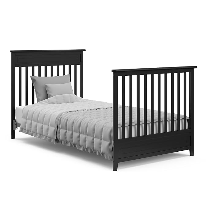 Storkcraft Petal 4-in-1 Convertible Mini Crib (Black) – GREENGUARD Gold Certified, Converts to Daybed and Twin-Size Bed, includes Bonus 2.75-inch Mini Crib Mattress