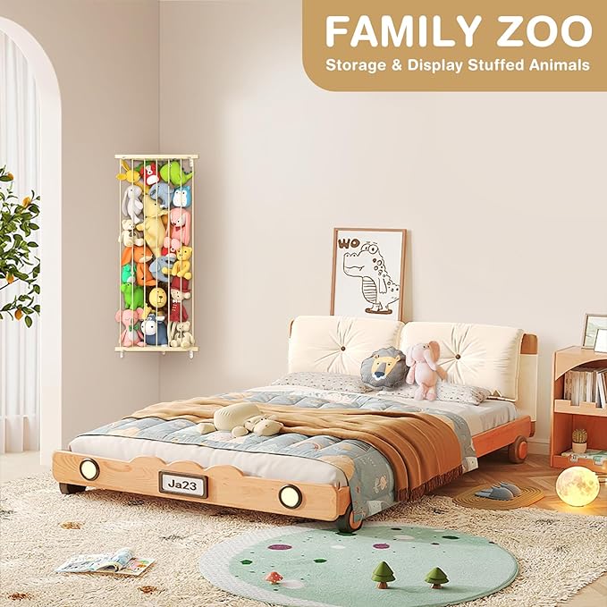 Stuffed Animal Storage Toy Organizer: Corner Stuff Animals Holder for Wall with Adjustable Length - Kids Plush Toys Storage for Nursery Playroom Bedroom Kids Room(Beige)