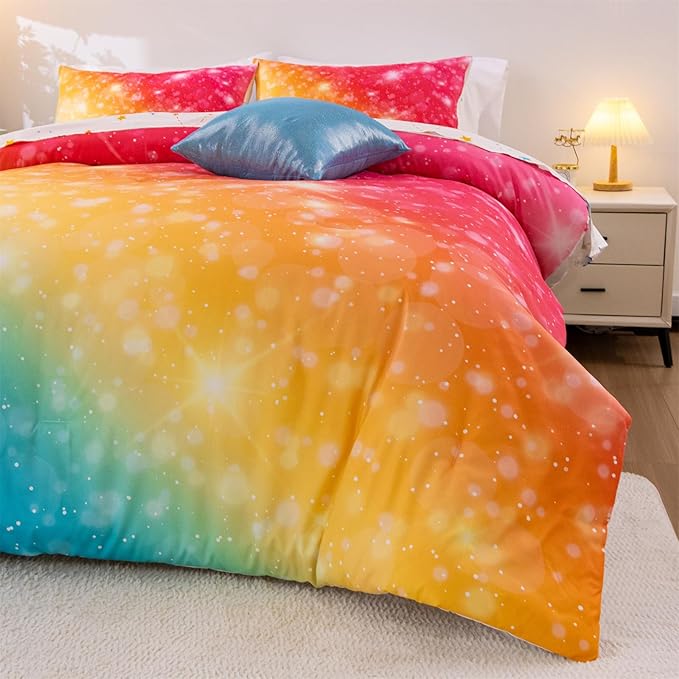 A Nice Night Gradient Glitter 6Pcs Bed in A Bag Bedding Set for Girls Twin Size, Colorful Rainbow Galaxy Comforter Set, Ultra Soft Bedding Sets, YellowBlue