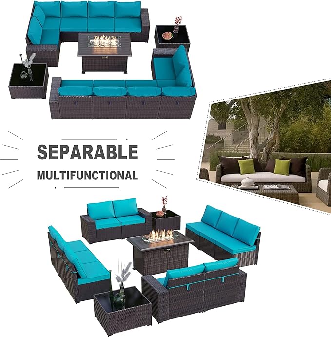 Kullavik 13 Pieces Outdoor Patio Furniture Set with 43" 55000BTU Gas Propane Fire Pit Table PE Wicker Rattan Sectional Sofa Patio Conversation Sets,Blue