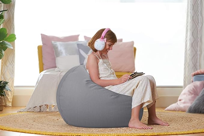 Aubliss Stuffed Animal Storage Bean Bag Chair Cover (No Beans),Stuff and Sit Storage Bean Bag for Kids Toy Storage,Medium 32"-Canvas Solid Grey
