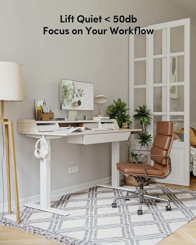 BANTI Height Adjustable Electric Standing Desk with Three Drawers, 48 x 25 Inch Table with Storage Shelf, Sit Stand Desk with Storage Space, Splice Board with White Frame/Light Walnut Top, 48 inch