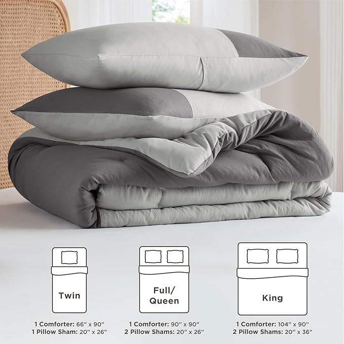 Grey Comforter Queen Set - Modern Soft Farmhouse Comforter Sets for Men, Masculine Colorblock Pattern Bedding Set for All Season, 3 Pieces includes 1 Comforter, 2 Shams (90"x 90")