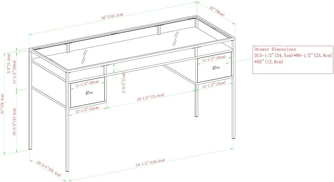 Walker Edison Writing Desk, 56, Glass Top 2 Drawer Computer, 56 Inch, Grey Wash