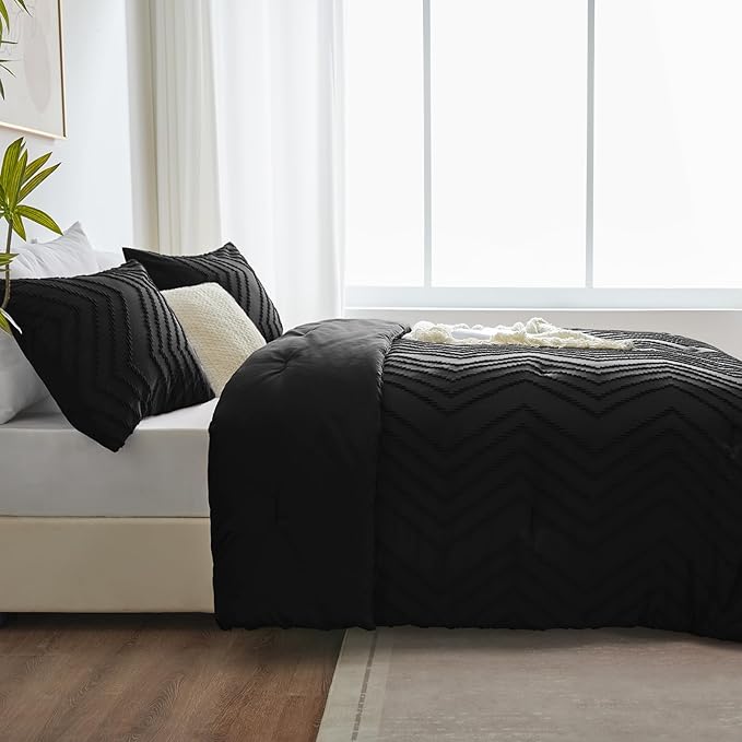 CozyLux California King Size Comforter Set Black - 3 Pieces Cal King Boho Tufted Shabby Chic Bedding Comforter Set for All Seasons, Chevron Bedding Sets with Comforter & 2 Pillow Shams