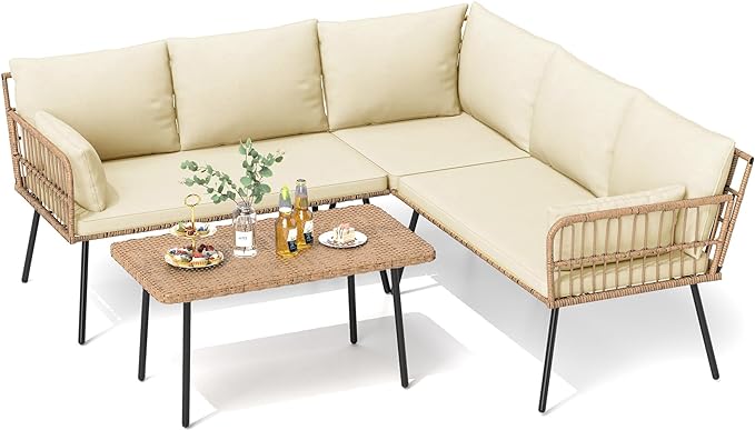 DWVO 4 Pieces Patio Furniture Set, Outdoor Rattan Woven Patio Conversation Set Sectional L-Shaped Sofa with 5 Seater for Backyard, Porch, Boho Detachable Lounger with Cushions and Side Table (Beige)