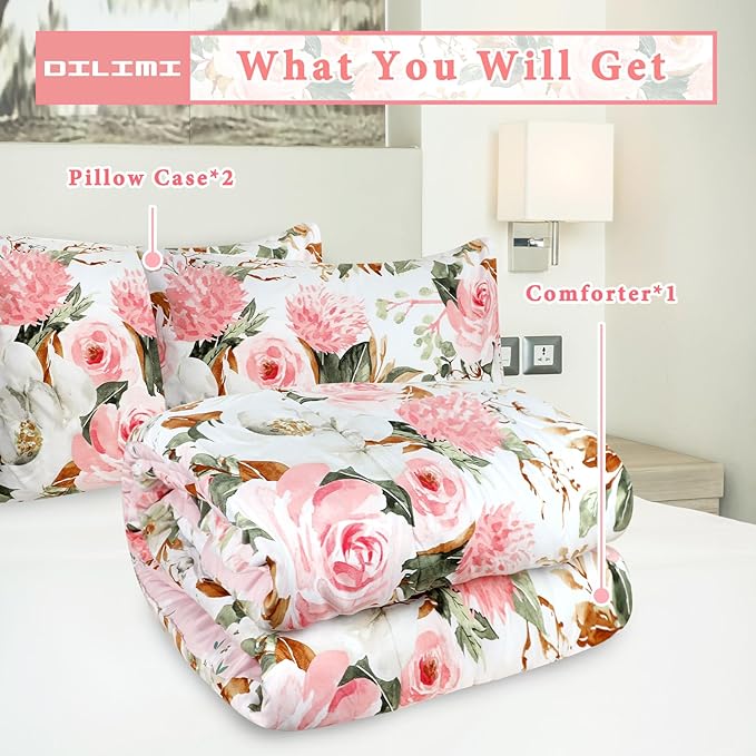 DILIMI King Size Comforter Set, 3 Pieces King Comforter Set, Reversible Pink Floral Comforter King Size, Ultra Soft and Fluffy Bedding Comforter Sets with Comforter, 2 Pillowcase