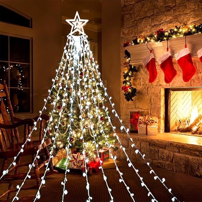 Aokudoni Christmas Decorations Outside, 12.6FT 350 LED 8 Modes Star Christmas Lights Outdoor, Christmas Lights for House Yard Porch Holiday Decoration, Cool White