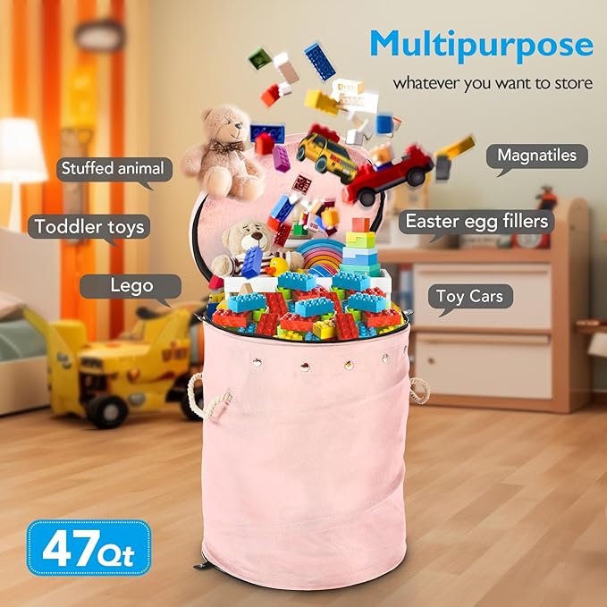 Toy Storage Basket + Play Mat for Kids Toy Chest Organizer Toy Box for Toddlers Boys Girls Kids Toy Storage Organizer Storage Bins with Lids Large Toy Box Living Room Nursery Playroom (Pink)