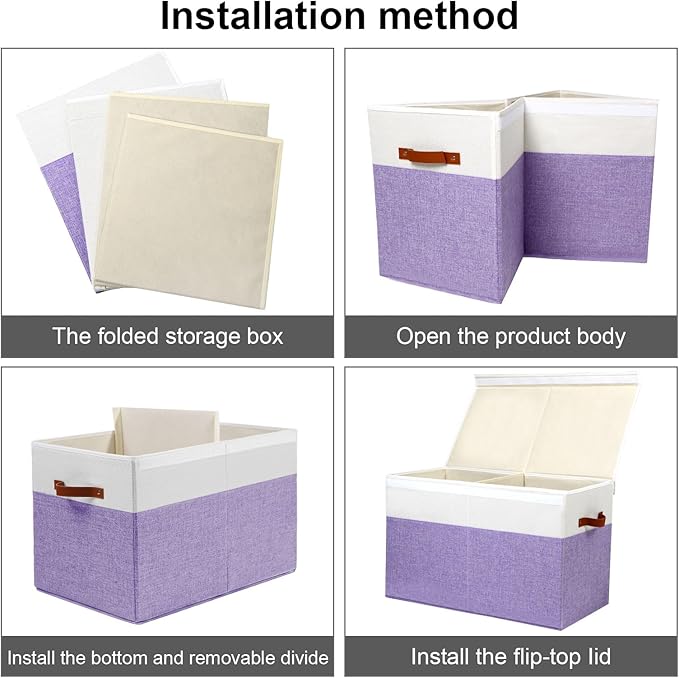 Large Toy Storage Box with Lid, Sturdy Toys Storage Chest Bin Organizer Basket with Dividers for Kids, Boys, Girls, Nursery, Closet, Bedroom, Playroom 25"x13" x16" (Purple and White)