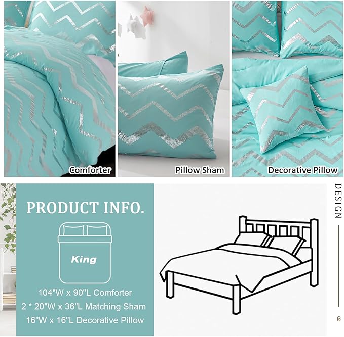 Aqua Comforter Set King Size, Metallic Teal and Silver Bedding Set, 4 Piece Lightweight Microfiber Comforter for Teen Girls Women (2 Pillow Shams + 1 Decorative Pillow Sham)