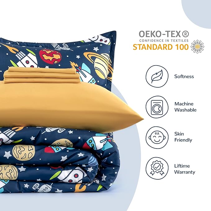 SLEEP ZONE Kids Bedding Comforter Set Full/Queen Size - Super Cute & Soft Kids Bedding 7 Pieces Set with Comforter, Sheet, Pillowcase & Sham (Rocket Galaxy)