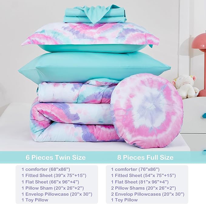 Mooreeke Tie Dye Kids Comforter Bed Set Full Size for s Girls, 8 Pieces Bed in a Bag with Shams, Sheet Set, A Toy Pillow Dark Pink Round Flower Full Soft Microfiber Kids Comforter Bedding Set