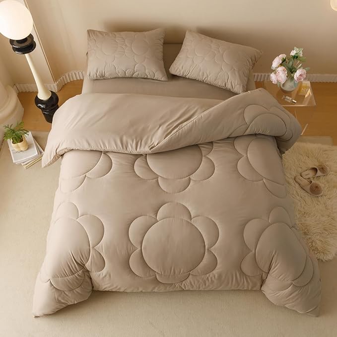 Champagne Flower Comforter Full Champagne Sunflower Print Bed Full Comforter Set 3 Pieces Champagne Floral Comforter Set for Boys Girls Teens Bedroom Decor All Season Hotel Quality Comforter