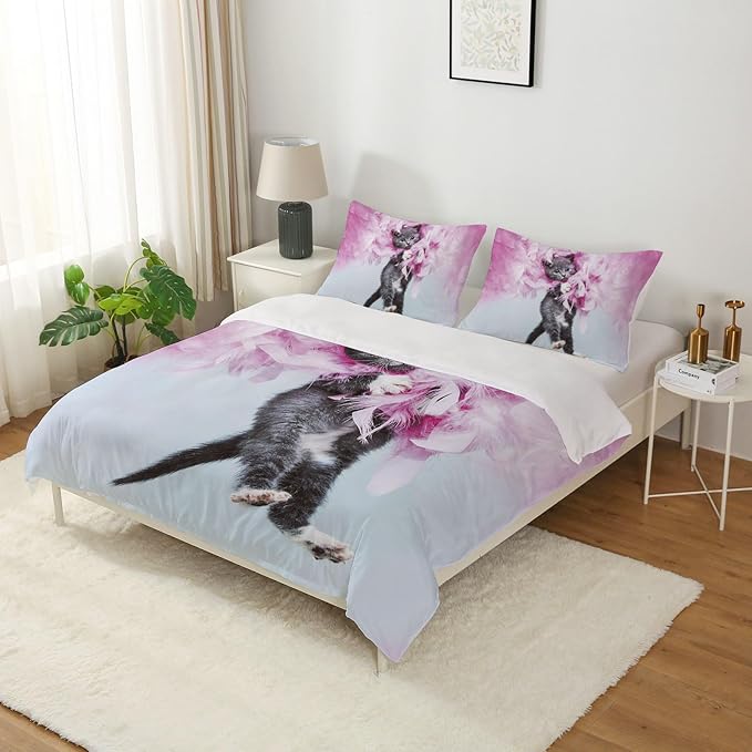 Cat Comforter Set Queen Size for Kids Pink Feathers Black Cat 3Pcs Bedding Set for boys and Girls (1Summer Comforter+ 2 Pillowcases) Lovely Animal Pets Duvet Set