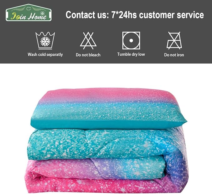JQinHome Twin Glitter Comforter Sets for Girls, 3D Colorful Duvet Pink Rainbow Themed Bedding, All-Season Reversible Quilted Duvet, for Girls Teen Women - includes 1 Comforter, 1 Pillowcase