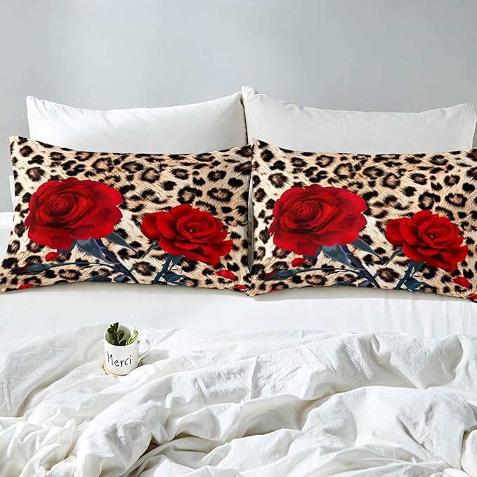 Rose Flower Comforter Set for Teens Adult Women Wedding Gift, Leopard Print Bedding Set Twin Size, Valentine's Day Cheetah Duvet Sets Leopard Animal Skin Down Comforter for Bedroom Decor, Brown