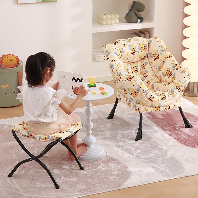 Welnow Toddler Kids Lazy Chair with Ottoman, Glow in The Dark Accent Comfy Lounge Children Armchair Couch with Removable Cover, Detachable Reading Chair with Footrest for Boy or Girl, Bees