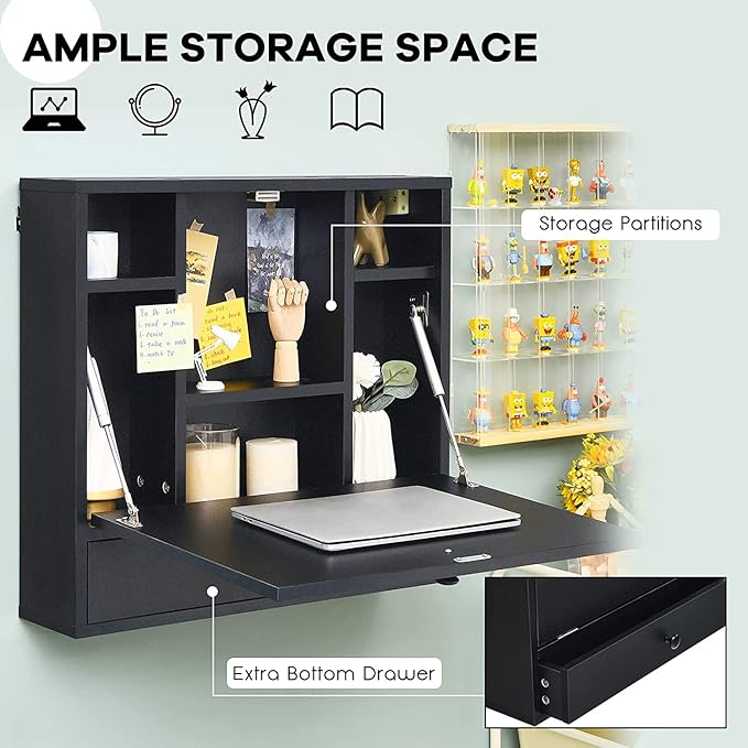 2 in 1 Foldable Tabletop, Folding Wall Mount Laptop Storage Compartments Space Saving Floating Desk, Black