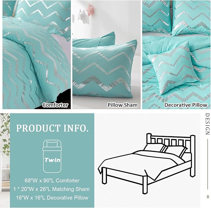 Aqua Comforter Set Twin Size, Metallic Teal and Silver Bedding Set, 3 Piece Lightweight Microfiber Comforter for Teen Girls Boys Women (1 Pillow Case + 1 Decorative Pillow Sham)