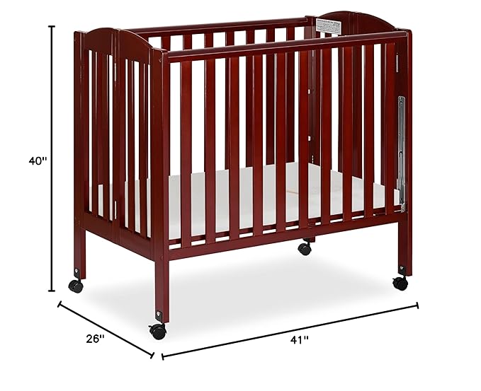 Dream On Me 3 in 1 Portable Folding Stationary Side Crib in Cherry, Greenguard Gold Certified, Safety Wheel with Locking Casters, Convertible, 3 Mattress Heights