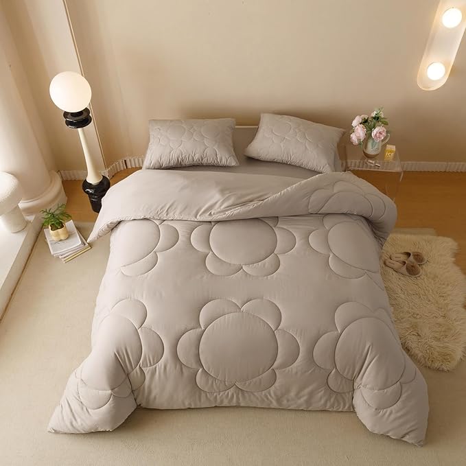 Khaki Flower Comforter King Light Champagne Sunflower Print Bed King Comforter 3 PCs Light Champagne Floral Comforter for Women Girls Bedroom Decor All Season Hotel Quality Comforter Set