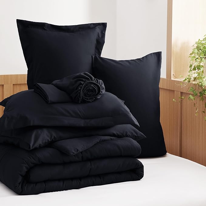 Bedsure Black Twin XL Comforter Set for Boys- 5 Pieces Solid Twin XL Bed in a Bag, Twin XL Bed Set Black with Comforters, Sheets, Pillowcase & Sham, Extra Long Twin Comforter Set
