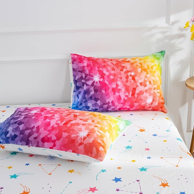 A Nice Night 6Pcs Gradient Abstract Art Grid Mosaic Geometric Bedding Set for Girls, Colorful Rainbow Galaxy Comforter Set, Ultra Soft Bedding Sets (PinkYellow,Full 6Pcs)