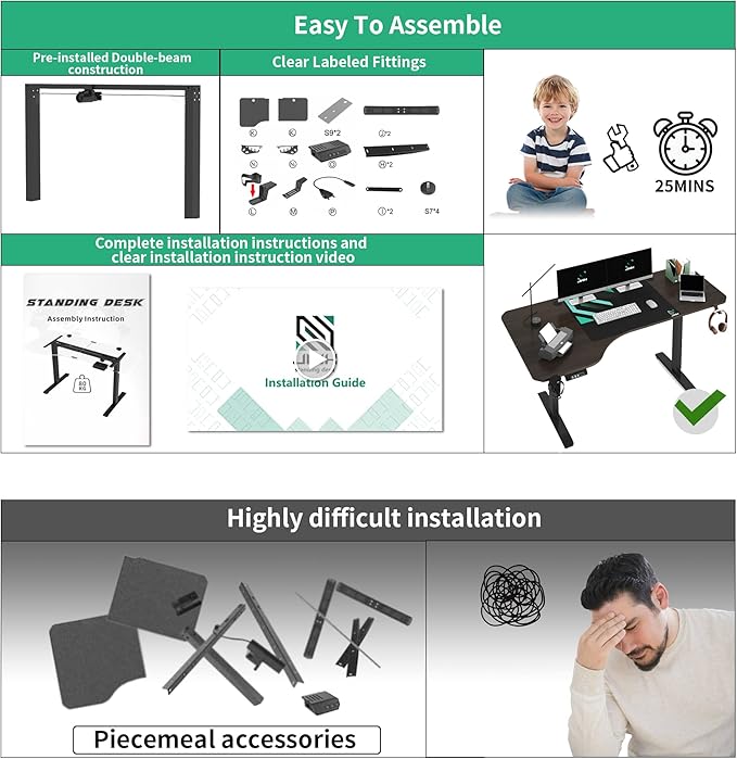 Standing Desk, L Shaped Adjustable Standing Desk, 63'' Corner Height Adjustable desk with Cup Holder, Headphone Hook, Cable Manager, and Mouse pad, Brown Panel
