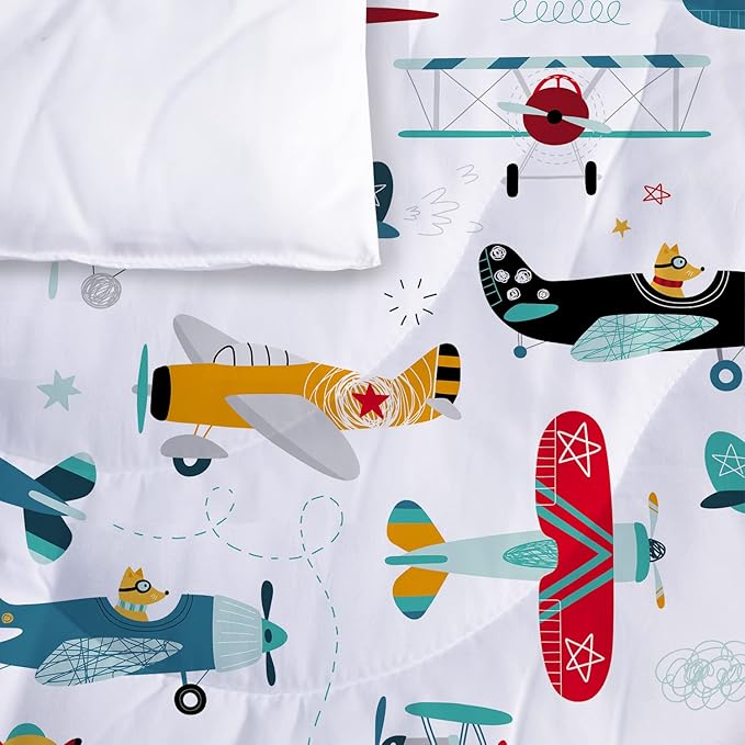 Kids Airplane Comforter Set Twin Size Colorful Cartoon propeller plane Bedding Set Kids Boys Teens Young Man Cartoon Airplanes Down Comforter Aviation Theme Duvet Bedroom Decor