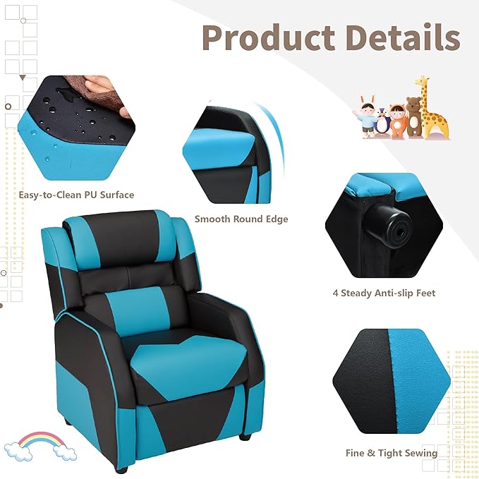 RACER Larger Kids Gaming Chair Leather Recliner Sofa Children Ages 3-12, BlackBlue