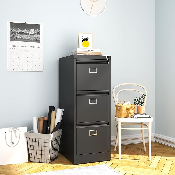 3 Drawer File Cabinet, Metal Vertical File Cabinets with Lock for Home Office, Office Steel Filing Cabinet for Hanging Files for A4/ Legal/Letter,Assembly Required (Black)