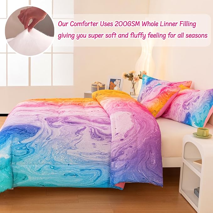 4 Pcs Tie Dye Twin Comforter Set for Girls, Watercolor Marble Abstract Art Superior Kids Bedding Sets Twin Size, Pink Purple Blue Colorful Teenage Girls Comforter Sets