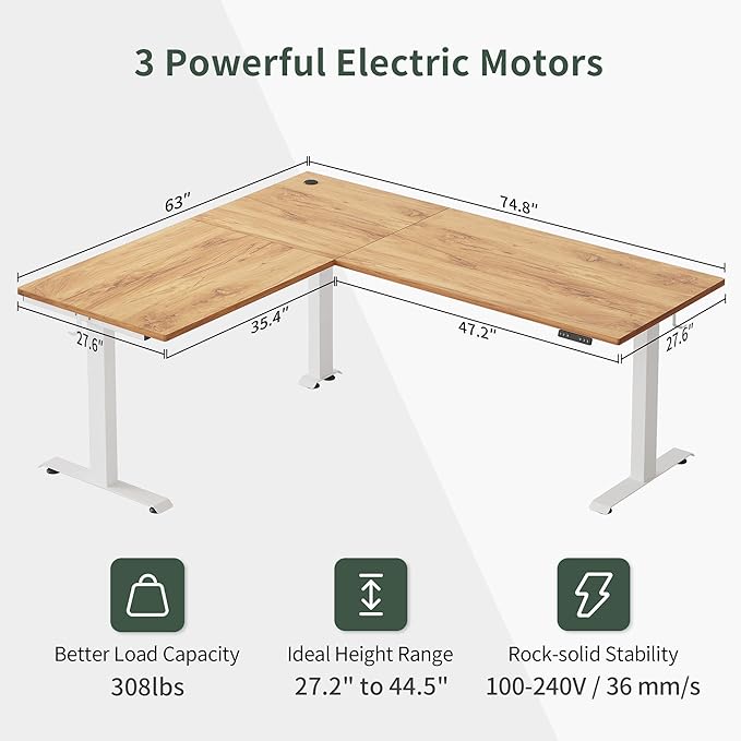 FEZIBO 75 Inches, Supports over 300mlbs, L Shaped Standing Desk Reversible, Electric Height Adjustable Corner Stand up Desk, Sit Stand Desk Computer Workstation, White Frame/Light Rustic Brown Top