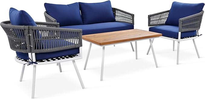 4-Piece, Boho Rope Outdoor Furniture Patio Conversation Sets with Deep Seating & Thick Cushion, Wicker Rattan Chairs Garden Backyard Balcony Porch Poolside loveseat, OneSize, Kb-Navy Blue