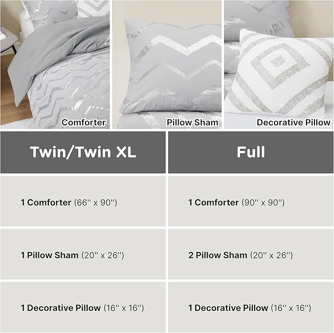 Codi Grey Queen Comforter Set, Silver Print Bedding Sets for Queen Size Bed - 4 Piece includes 1 Queen/Full Comforter with 1 Decorative Pillow and 2 Pillow Cases - All Season Warm
