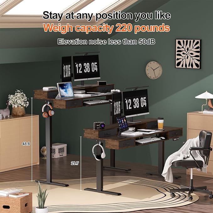 Electric Standing Desk, Multifunctional Standing Desk Adjustable Height, 55 * 24 Standing Desk with 4 Drawers, Ergonomic Adjustable Standing Desk with Keyboard Tray, Rustic Brown
