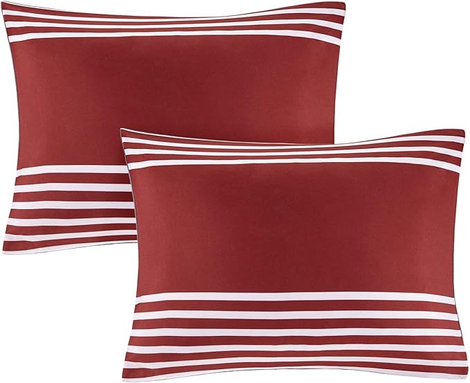 Comfort Spaces Comforter Sets with Sheets - Bed in a Bag 9 Pieces Teen Bedding Sets , Red and Grey Stripes Bedding Full, College Full Bed Set with 2 Side Pockets Bedroom Organizer