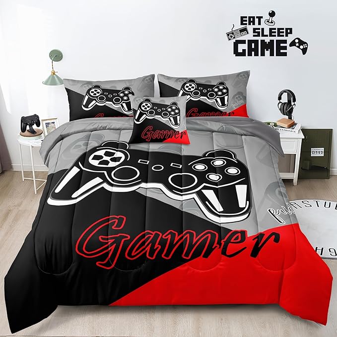 6 Pieces Gaming Bedding Set Queen Size for Boys Gamer Comforter Set for Boys Girls Kids Teens 6 Piece Bed in A Bag Video Game Bedding for Gamer Room Decorative Queen08