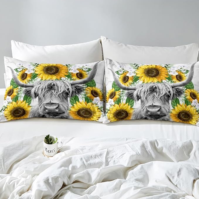 Highland Cow Comforter Set Twin Sunflowers Art Down Comforter Rustic Bull Cattle Bedding Set For Kids Boys Girls Adult Farmhouse Western Funny Animal Wild Theme Duvet Set Grey Marble Comforter