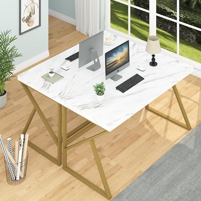 HSH White Faux Marble and Gold Desk, Modern Home Office Executive PC Laptop Computer Desk, Farmhouse Writing Study Work Gaming Table for Bedroom Living Room, Simple Metal Wood Workstation, 55 Inch