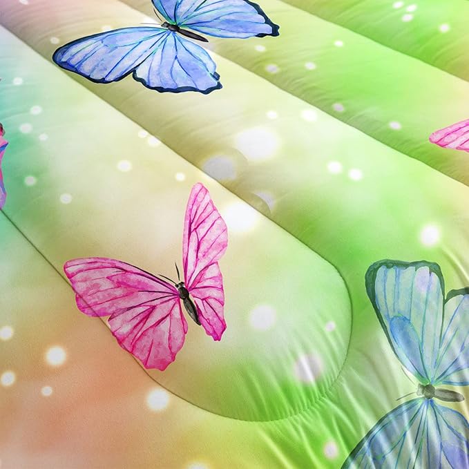 Datura home Bedding Comforter Set Rainbow Watercolor Butterfly Printed Pattern Quilt with 1 and 2 Pillowcases for Girls Bedroom All Season(Butterfly Queen) Queen 90x90inches