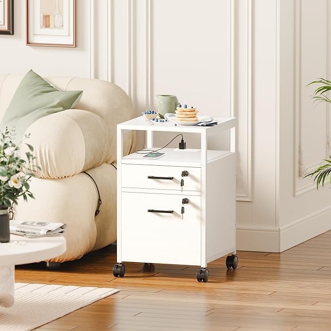SUPERJARE File Cabinet with Lock & Charging Station, 2 Drawers Rolling Filing Cabinet, Office File Cabinet with Wheels & Open Shelf, for Home Office, A4/Letter Size Files - White