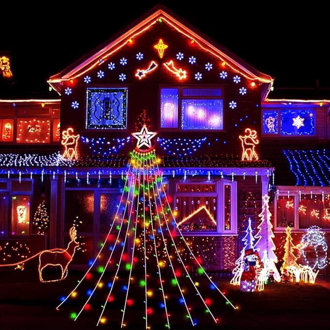 Outdoor Christmas Decorations, Aokudoni 12.6ft 350LED Waterfall Lights, 8 Modes Christmas Lights, Christmas Decorations for Tree, Outdoor Christmas Lights for House Tree Holiday Party, Multicolor